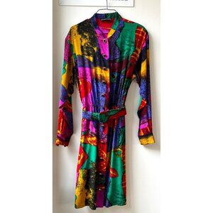 Louis Ferard Vintage Silk Belted Colorful Abstract Pattern Long Sleeve Dress